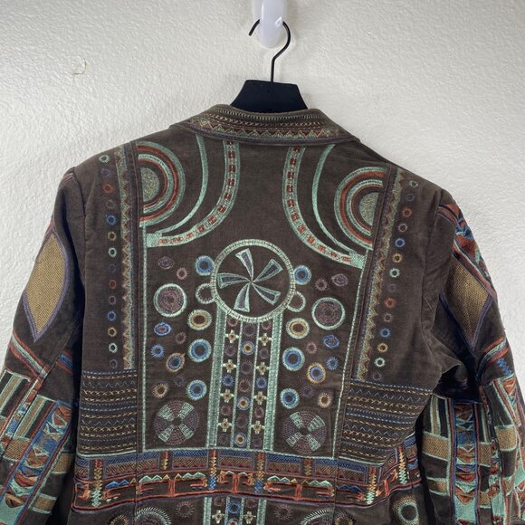 Pamela McCoy Coat Women's Brown Sz M Embroidered Studded Boho Ecletic Mid Length - Picture 10 of 16